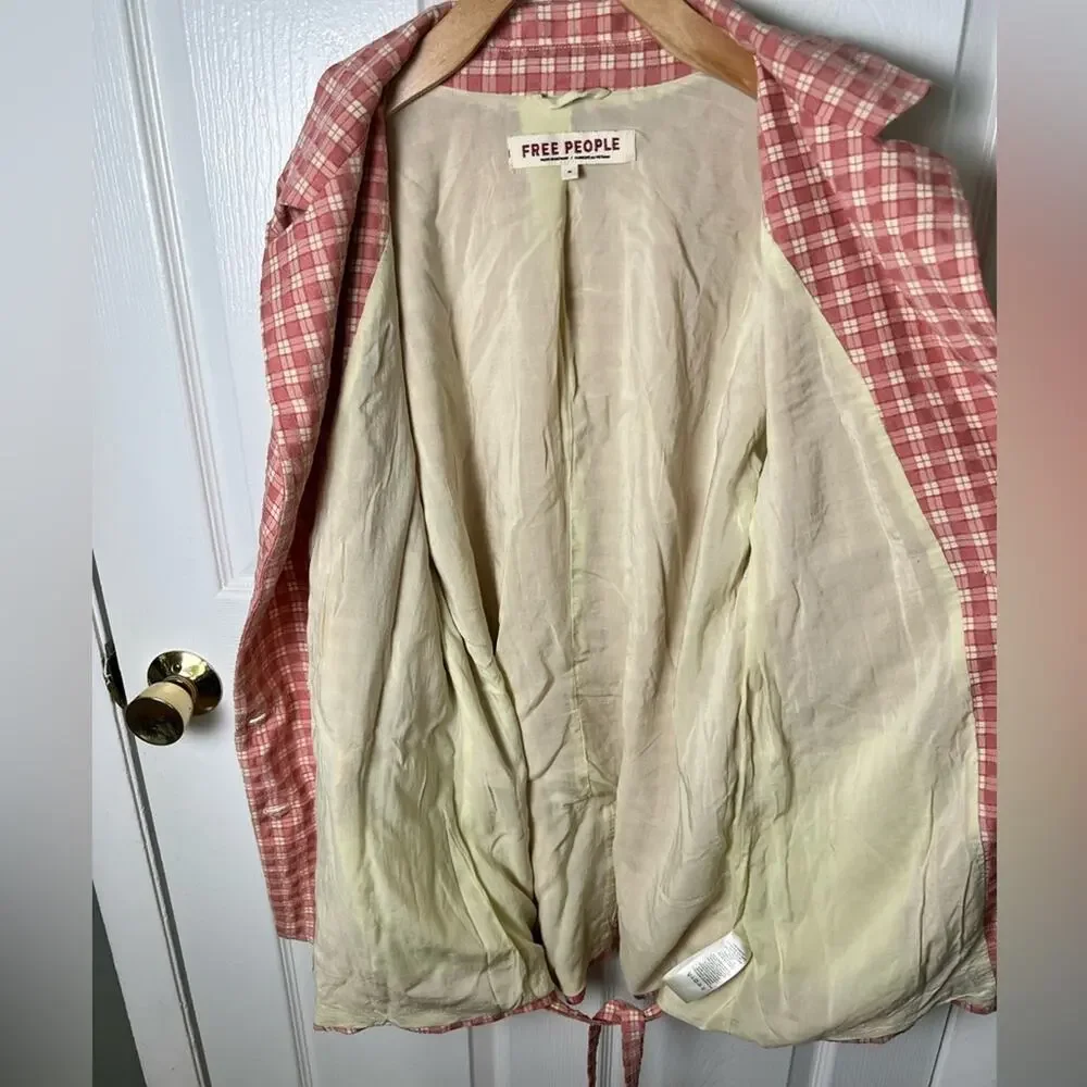 Free People Pink Cream Long Sleeve Button Waist Tie Olivia Gingham Blazer M